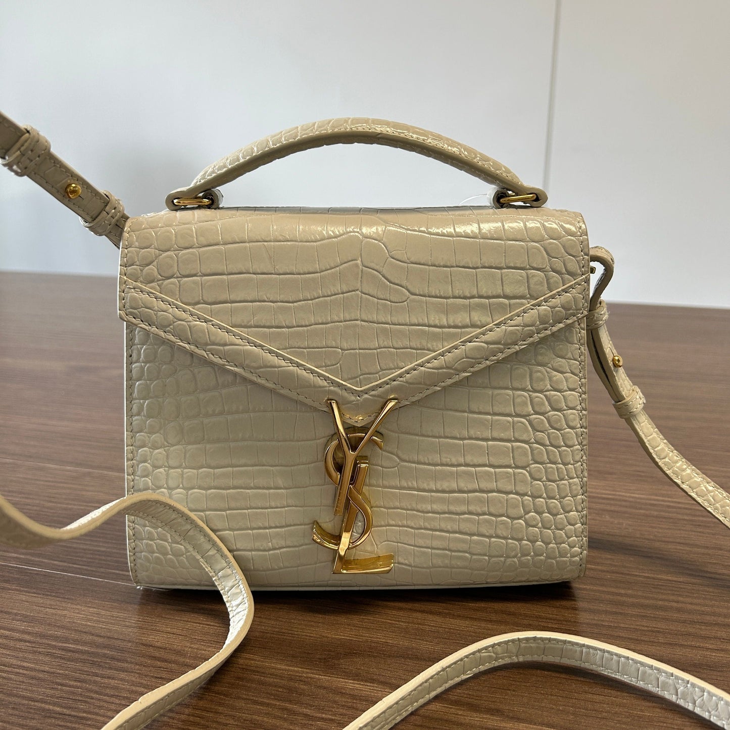 SAINT LAURENT Crocodile Embossed Mini Classic Monogram Cassandra Top Handle Crema Soft LB120583