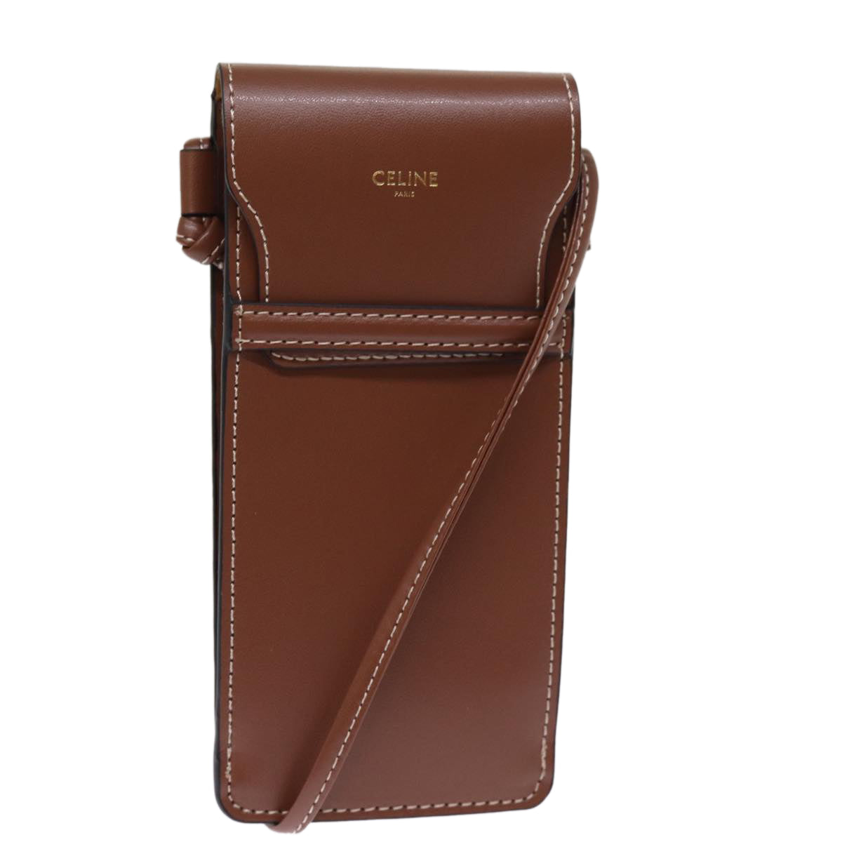 Luxury CELINE Shoulder Pouch Leather Brown  77443