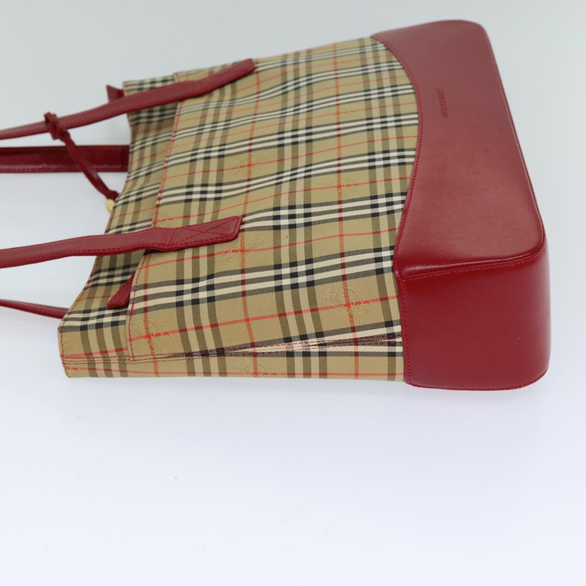 Luxury Burberry Nova Check Tote Bag Canvas Leather Beige Red Auth 77506