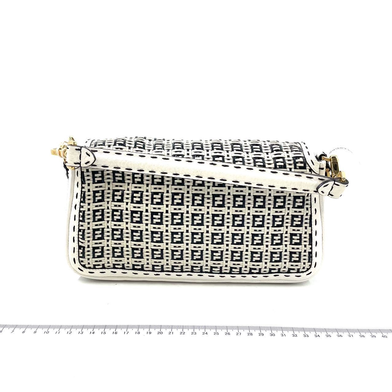 Fendi Baguette Calfskin Leather Weave Black and White Crossbody Bag