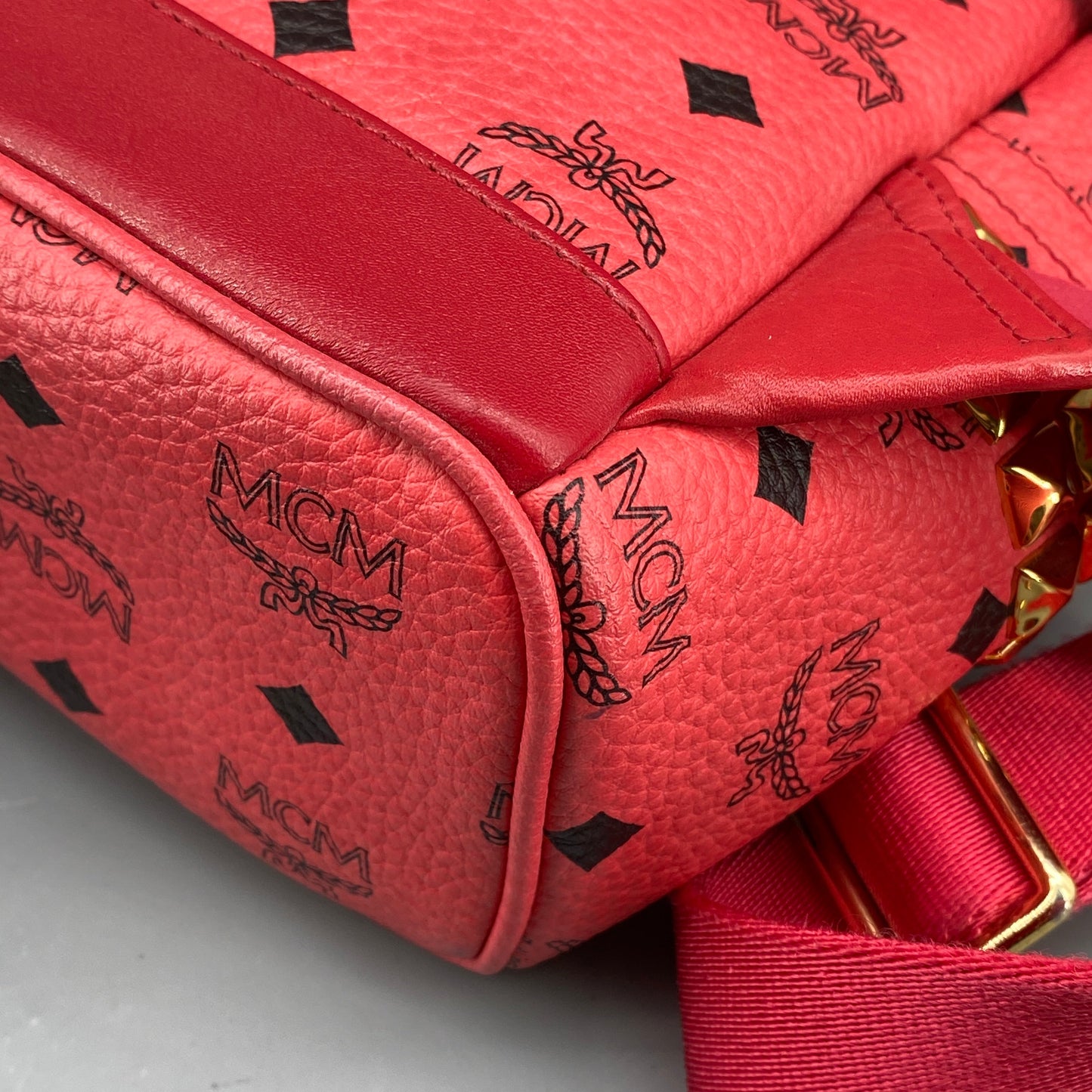MCM Coral Red Visetos Mini Backpack