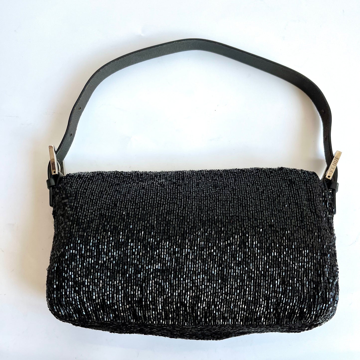 Fendi Baguette Vintage Black Glitter Beads Shoulder Bag Blue Silk Interior