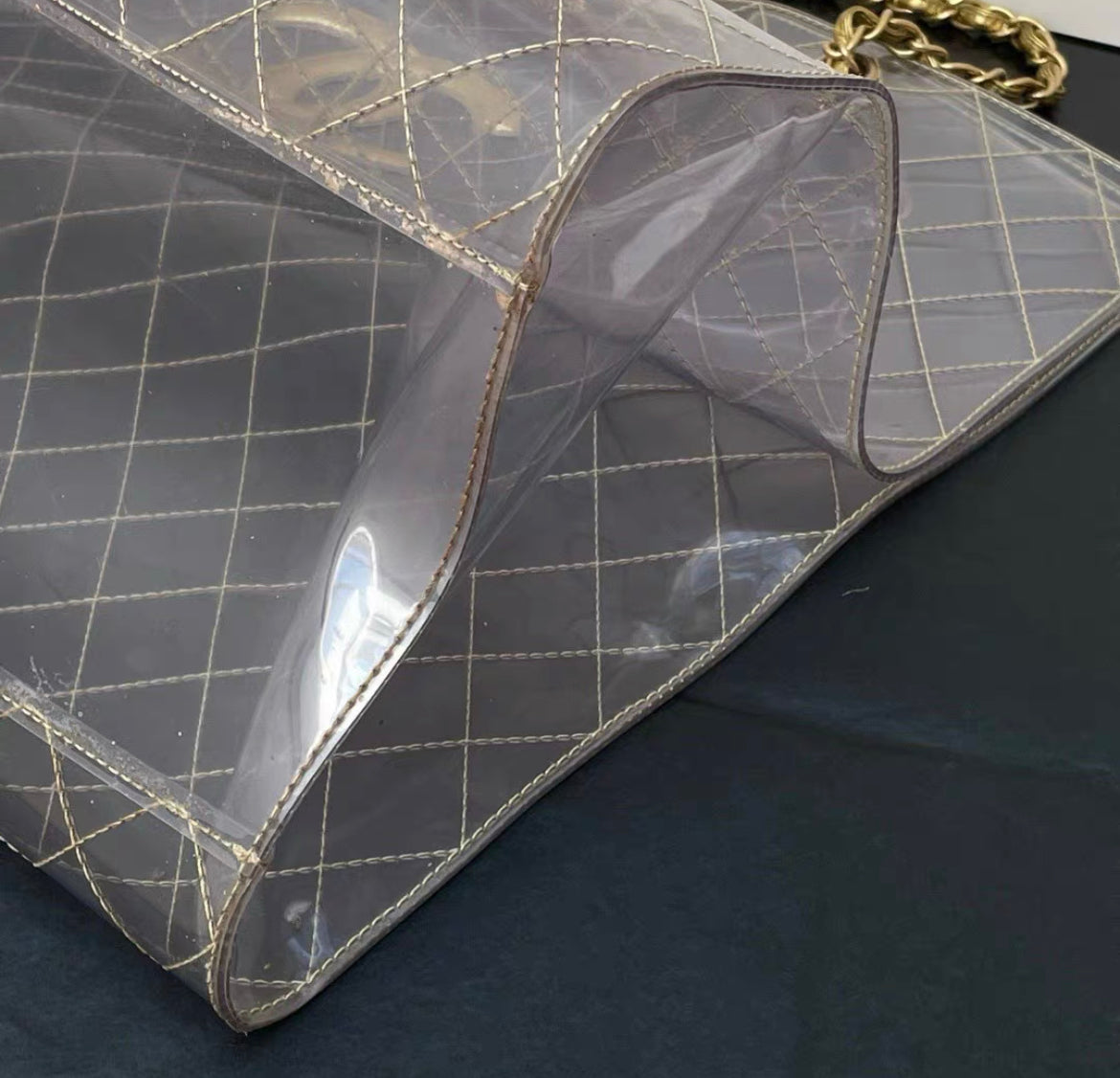 Chanel Rare  1990s Xxxl Oversized See Through Naked Gold Accent Pvc Tote