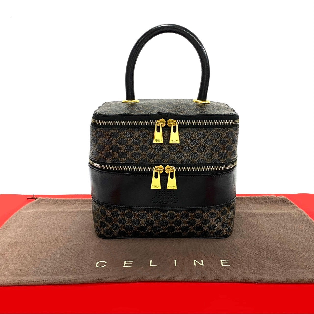 CELINE Handbag Leather, PVC black Macadam Blason Triomphe Pattern Women
