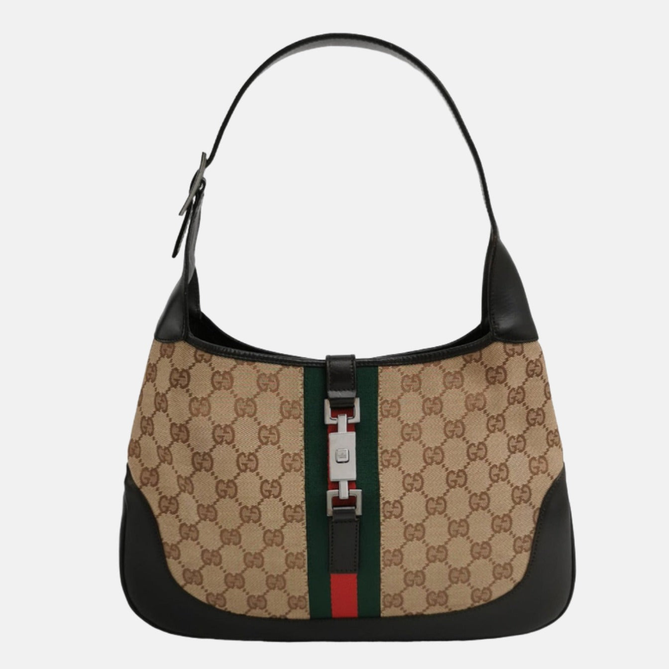 Gucci Jackie Vintage Medium Monogram Canvas Black Leather Shoulder Bag