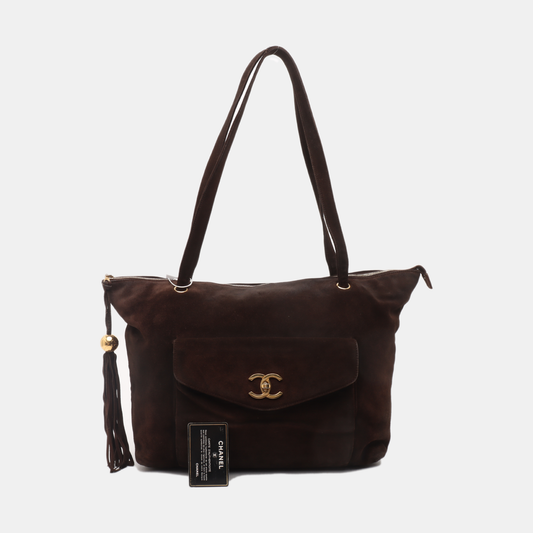 Chanel CC Shopping Brown Suede Envelope Pocket Tote