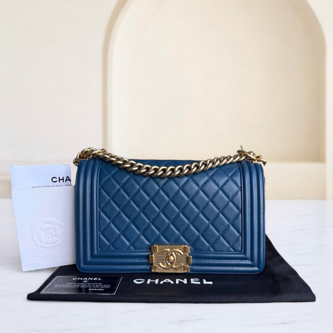 Chanel Boy Old Medium - Quilted Lambskin Blue Gold Hardware Series 23