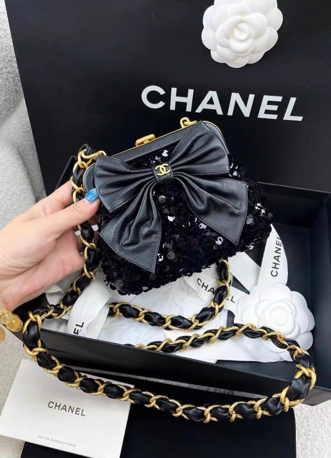 Chanel Metiers dArt 24A Black Sequin tweed Evening Mini Clutch Bag With Bow