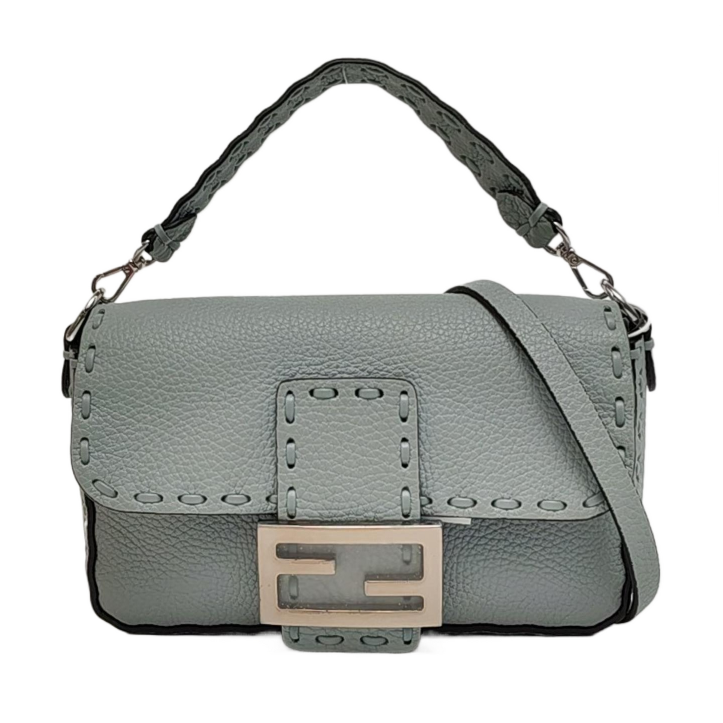 Fendi Baguette Mini Selleria Blue Calfskin Leather Crossbody Bag