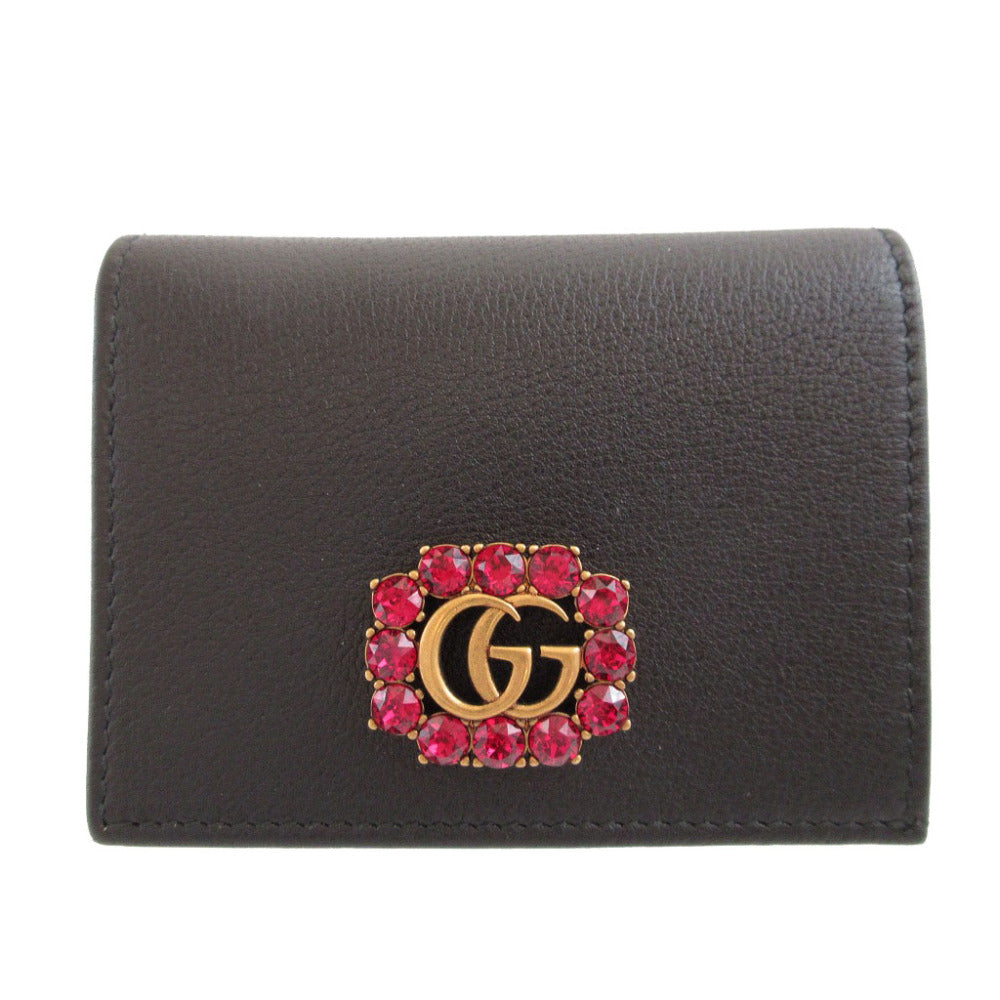 GUCCI Bifold Wallet 499783 leather black Compact Wallet with Rhinestones GG Marmont unisex(Unisex)
