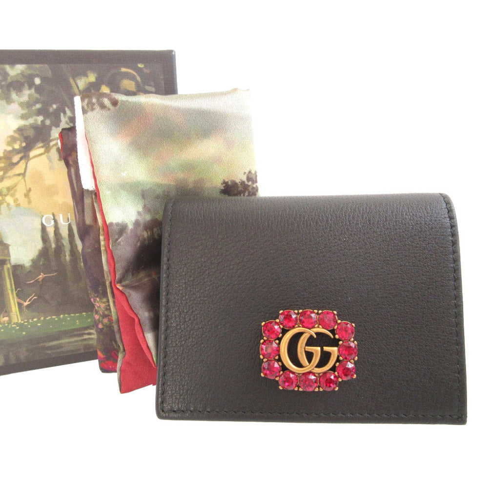 GUCCI Bifold Wallet 499783 leather black Compact Wallet with Rhinestones GG Marmont unisex(Unisex)