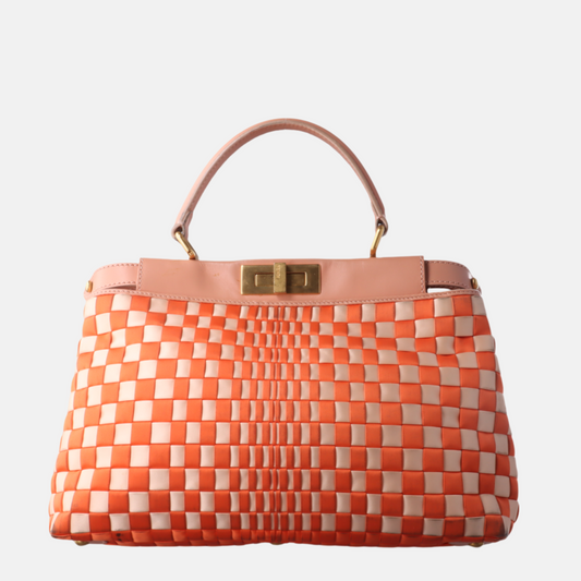 Fendi Peekaboo Medium Fabric Leather Intreccio Orange Handbag