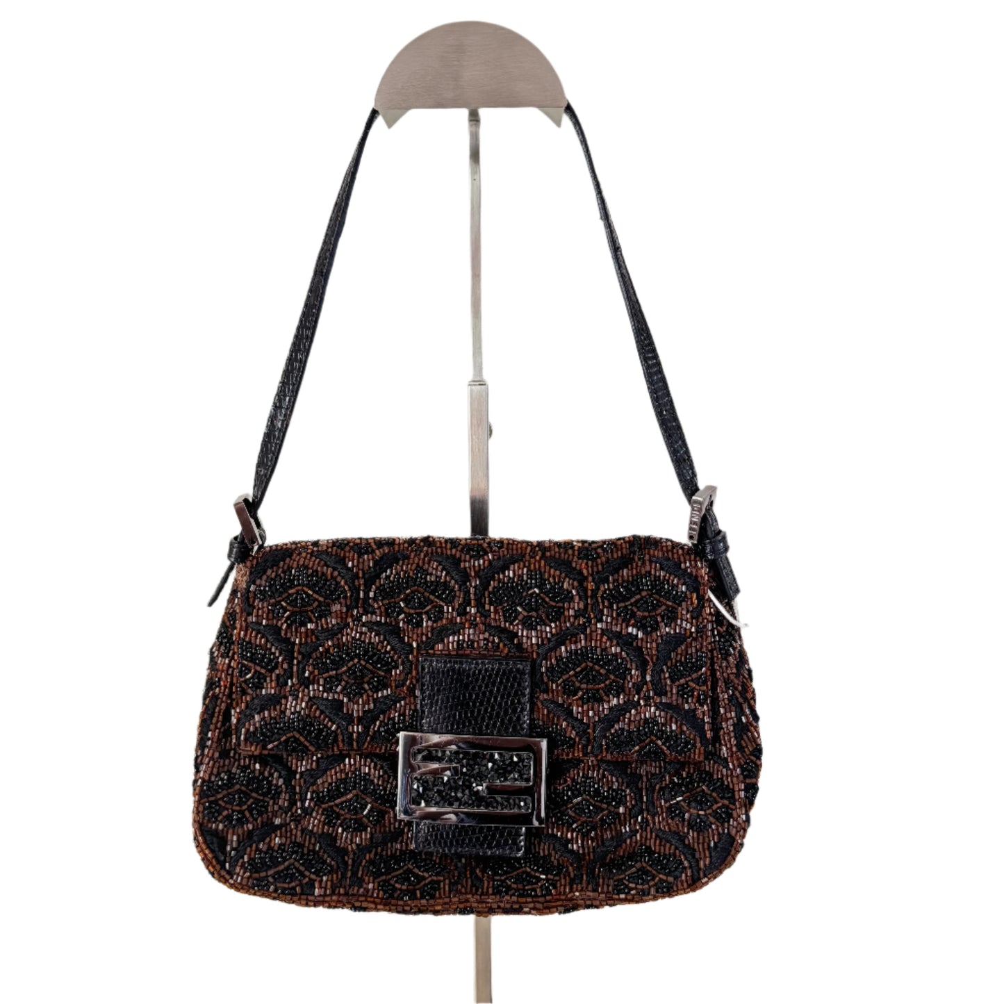 Fendi Mini Mamma Baguette Brown Glitter Beads Floral Embroidery