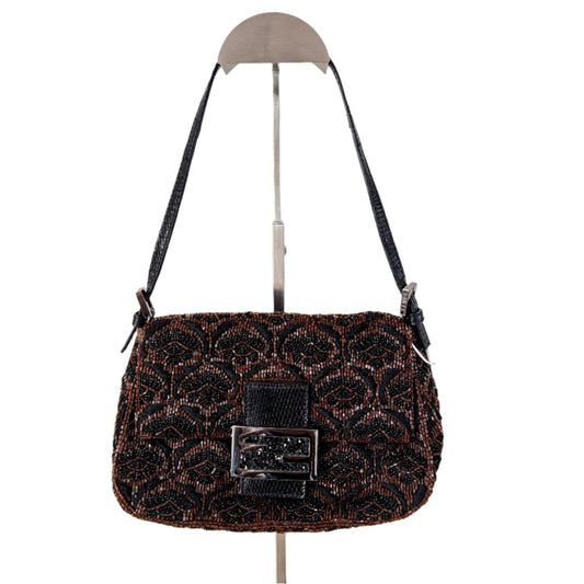 Fendi Mini Mamma Baguette Brown Glitter Beads Floral Embroidery