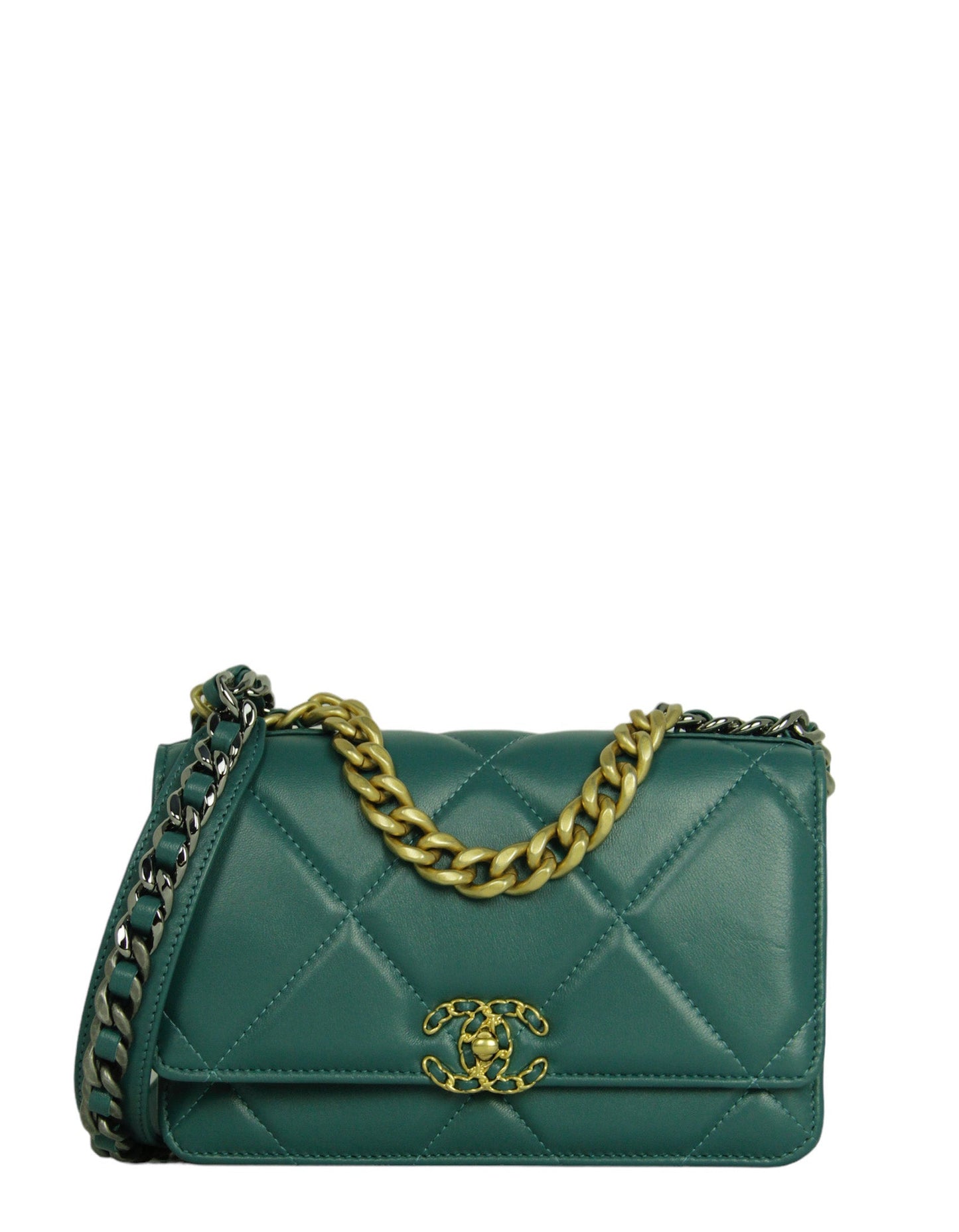 Chanel Blue-Green Lambskin Quilted 19 Wallet On Chain WOC Crossbody Bag