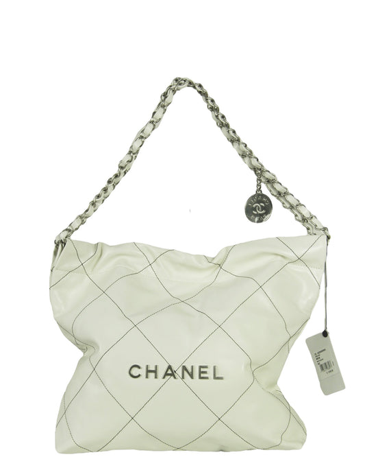 Chanel White Leather Quilted Chanel 22 Tote Bag