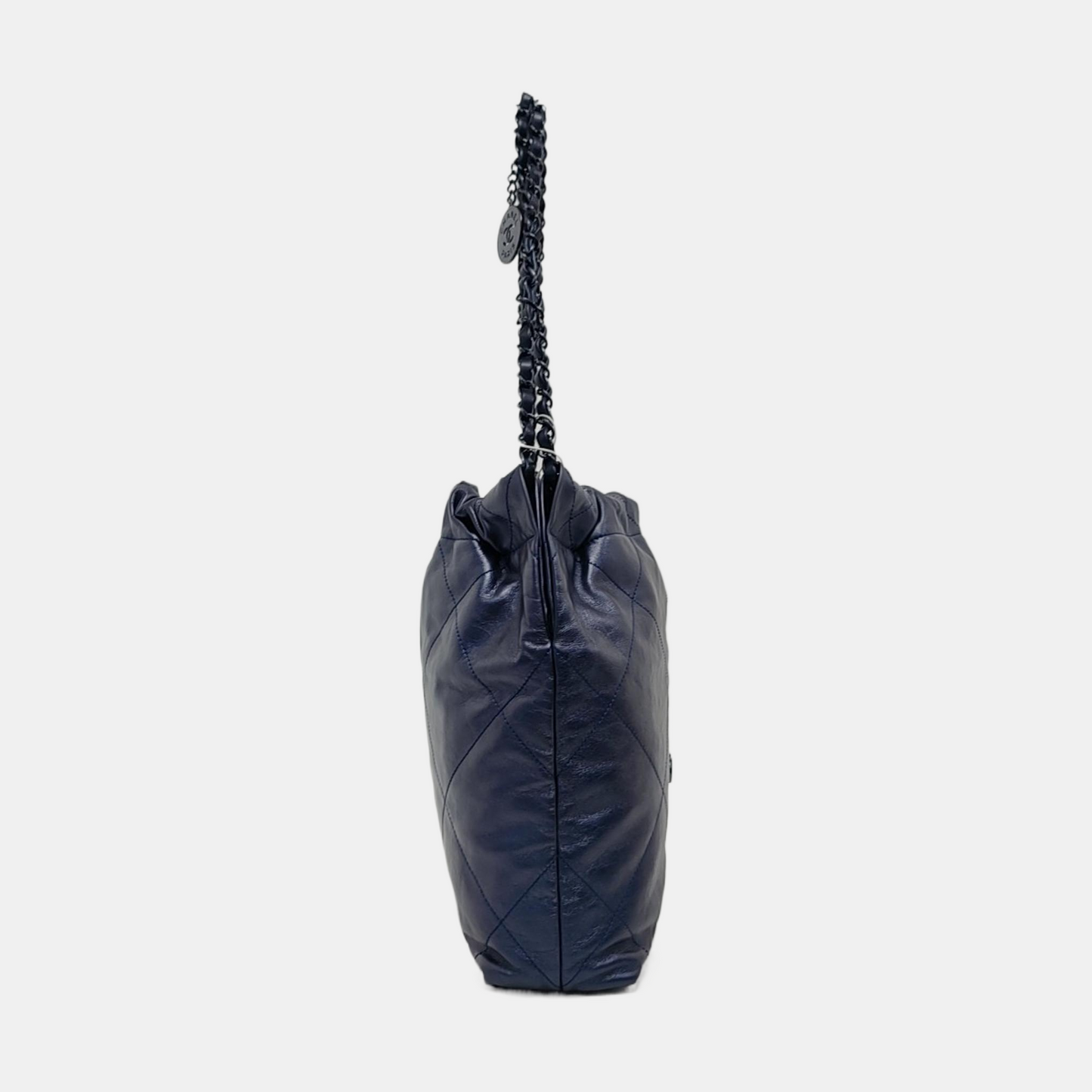 Chanel 22 Hobo Bag Medium Shiny Calfskin Leather Metallic Navy