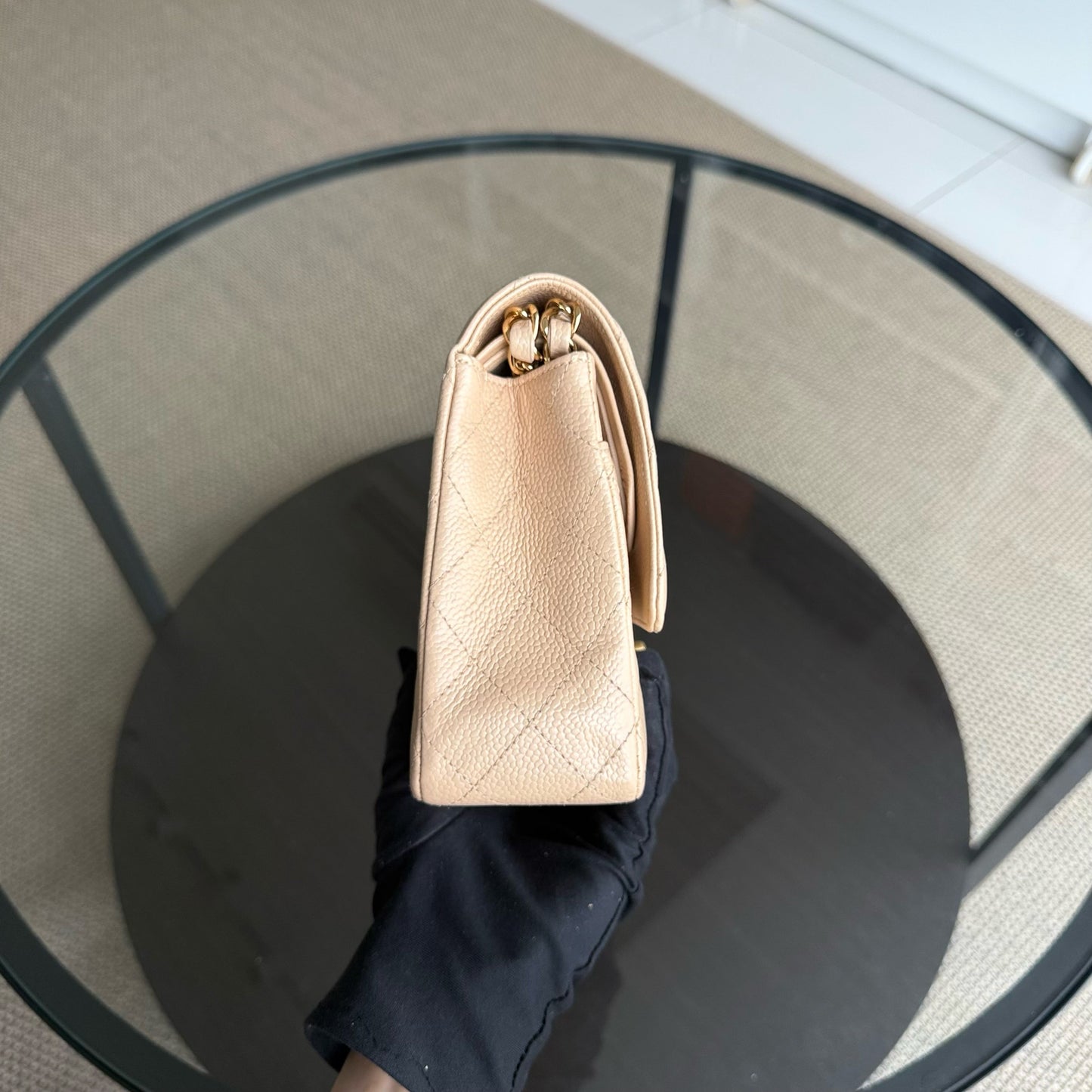 Chanel Classic Flap Medium - Caviar 25CM Quilted Grained Calfskin Beige Gold Hardware Series 16