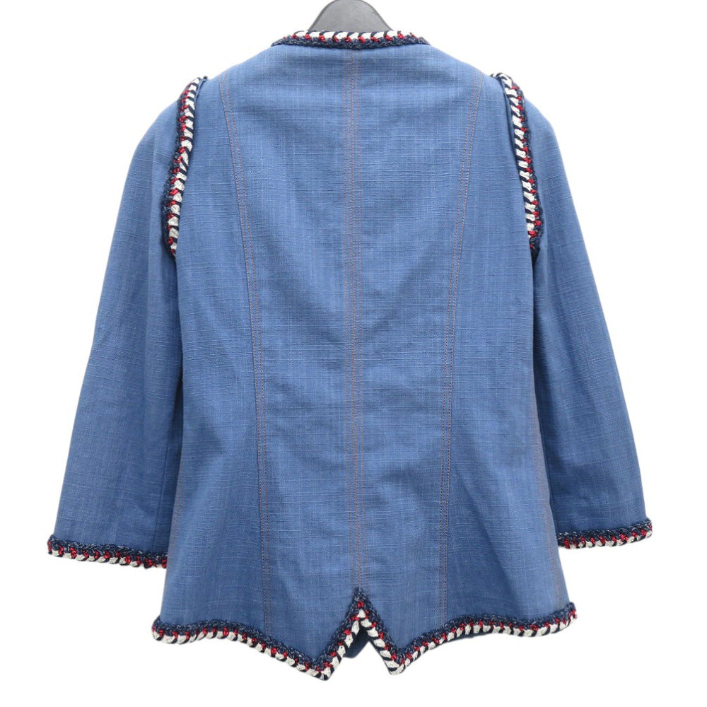 CHANEL Denim Jacket cotton blue Collarless jacket COCO Mark Women 34