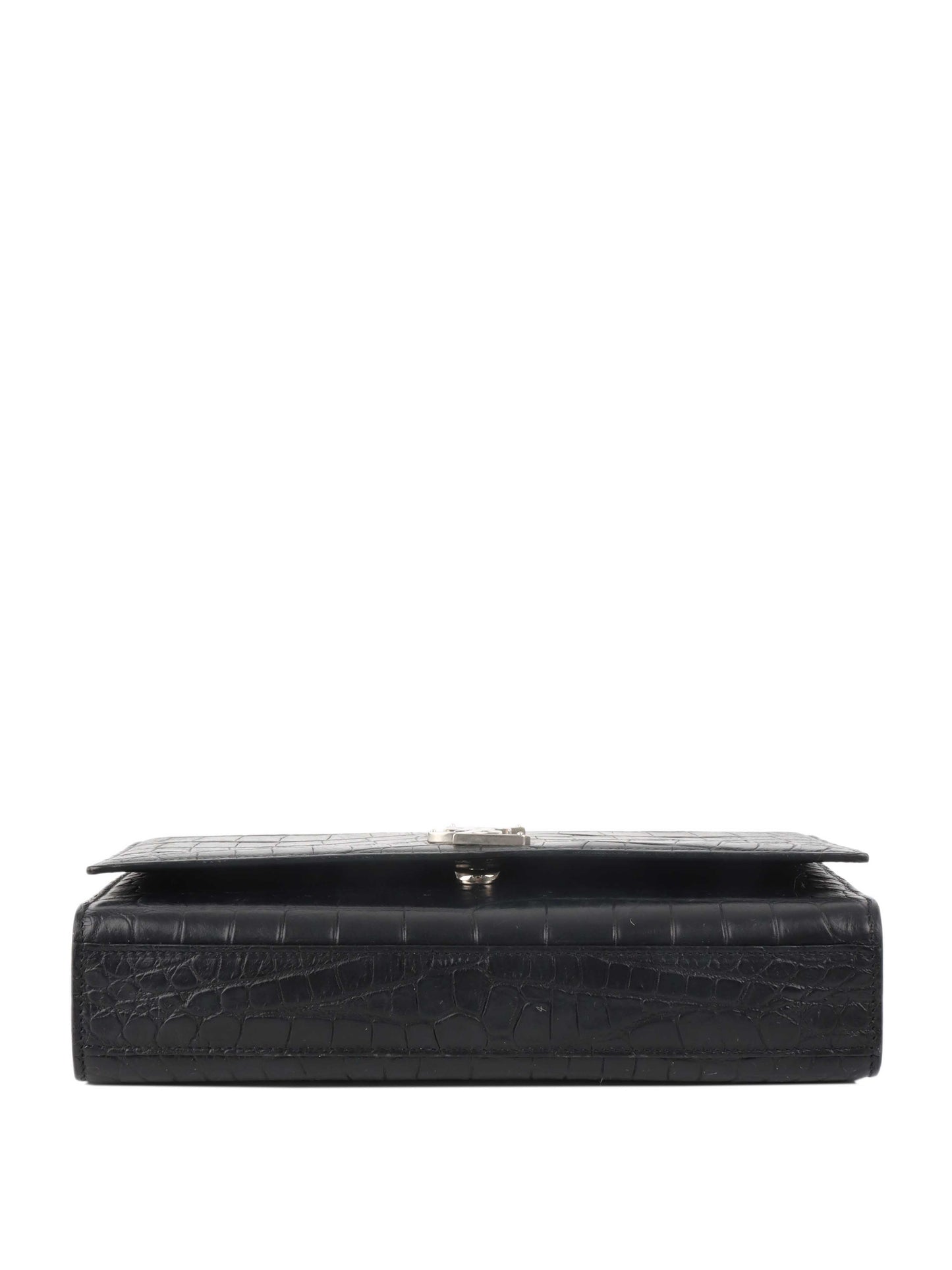 Saint Laurent Black Crocodile Embossed Chain Top Handle Kate Bag.