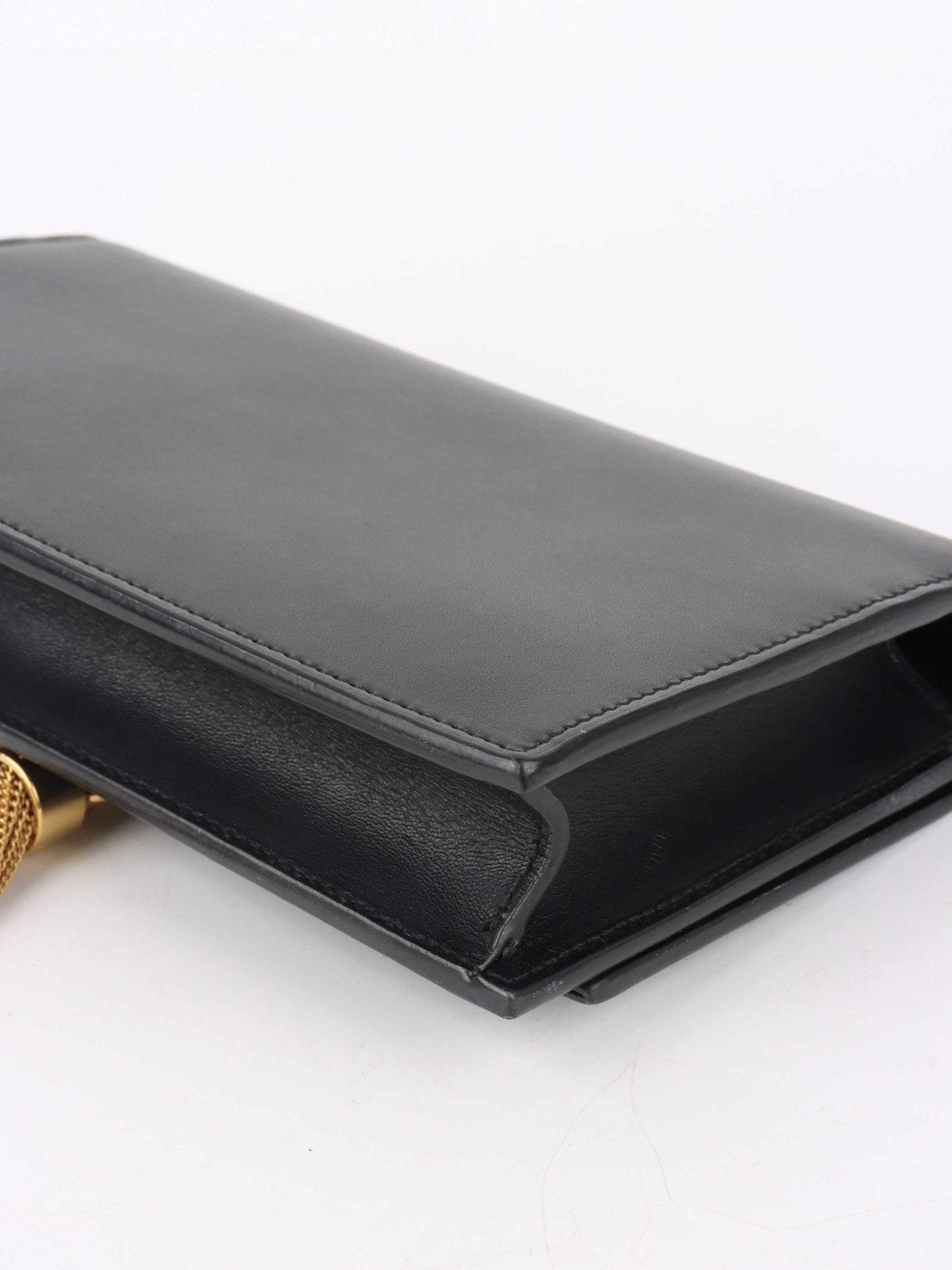 Saint Laurent Small Black Kate Wallet on Chain with Gold Tassel.