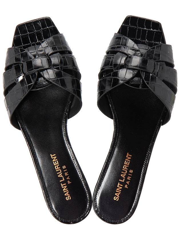 Luxury Saint Laurent Trending 2025 Tribute Crocodile Embossed Shiny Leather Mules Black