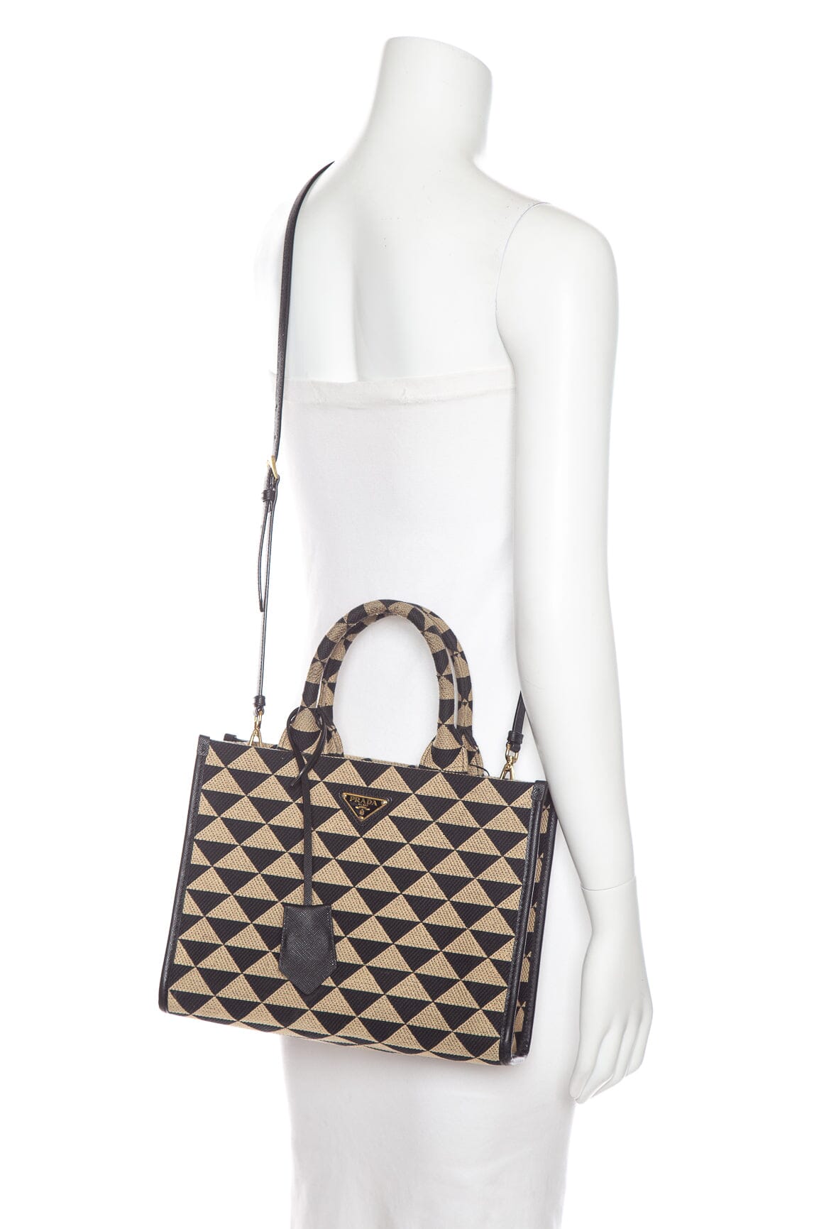 Prada Tan and Black Enameled Metal Triangle Small Symbole Shoulder Bag