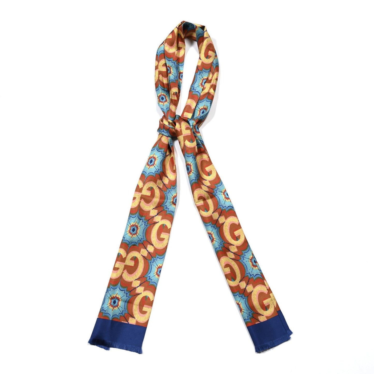 Gucci Silk Monogram Kaleidoscope 100 Fringe Scarf Blue Orange Multicolor