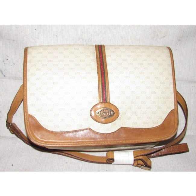 Gucci Vintage Beige With Camel Small G Logo And Red Green Stripe Leather Coated Canvas