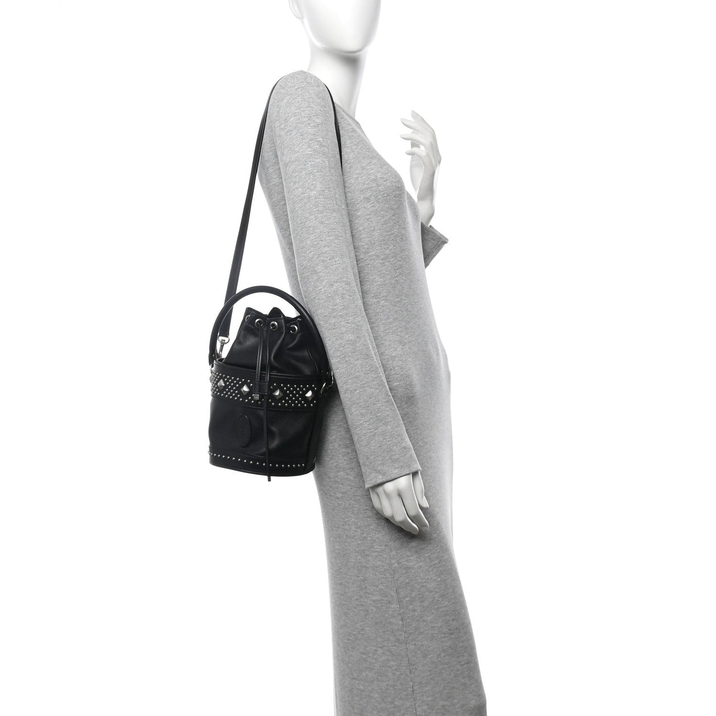 Saint Laurent Smooth Calfskin Studded Small Bahia Drawstring Bucket Bag Black