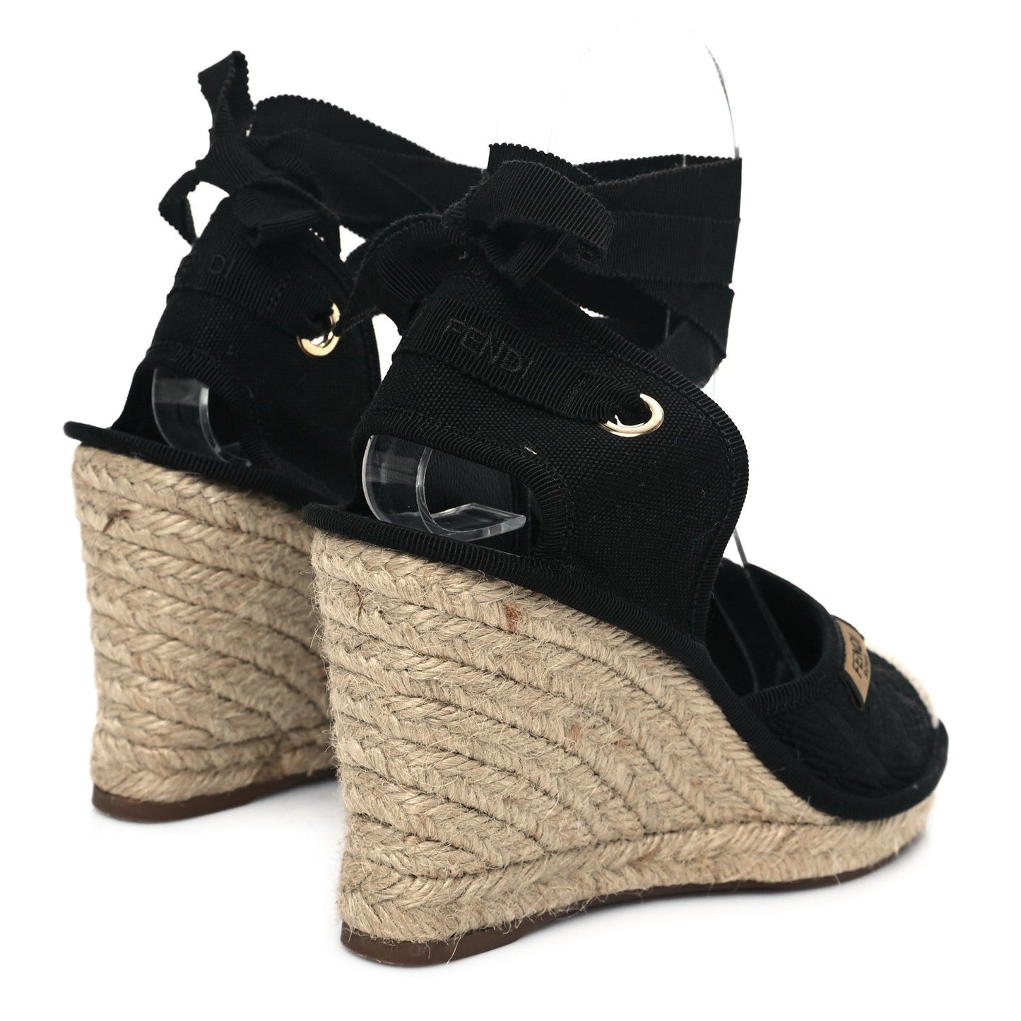 Fendi Canvas FF Embroidered Roma Ankle Wrap Wedge Espadrilles 36 Black