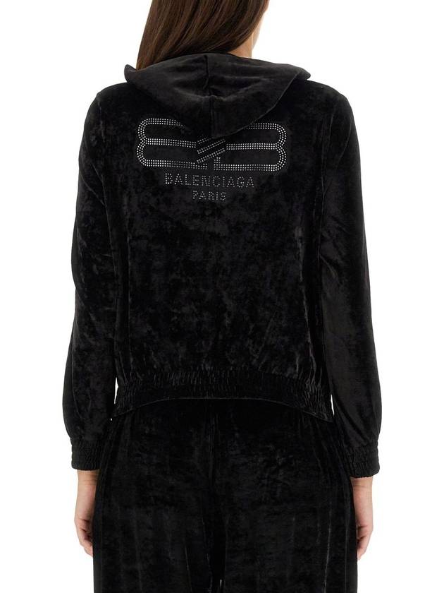 Luxury Balenciaga Trending 2026 Women's BB Paris Strass Velvet  Zip-Up Hoodie Black