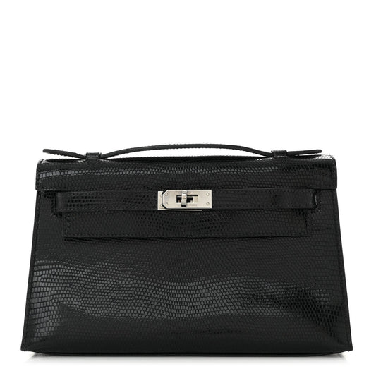 Hermes Lizard Kelly Pochette Clutch Black