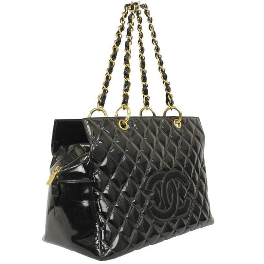 Chanel Chain Tote Bag Enamel Black Matelasse Shoulder Bag