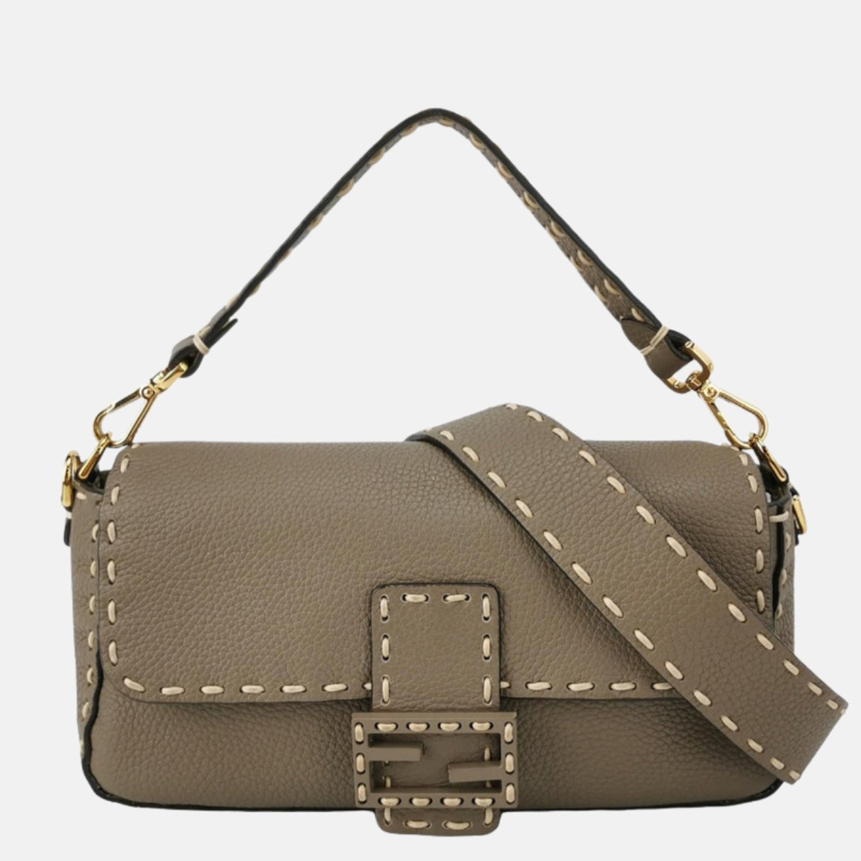 Fendi Baguette Selleria Calfskin Leather Crossbody Bag Medium Grey Beige