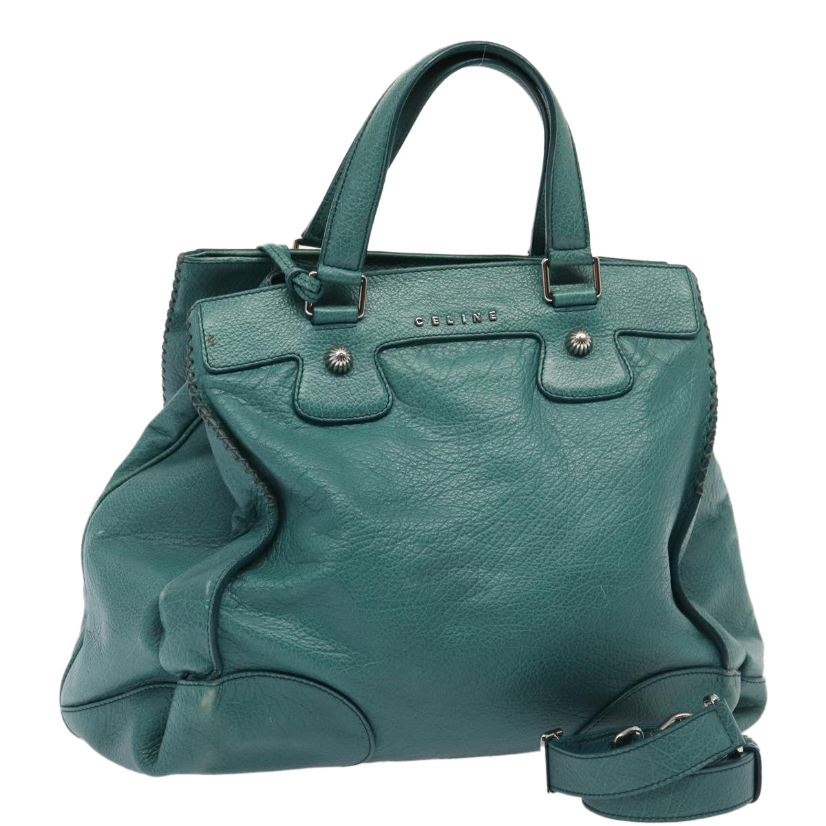 Luxury CELINE Hand Bag Leather 2way Turquoise Blue  80082