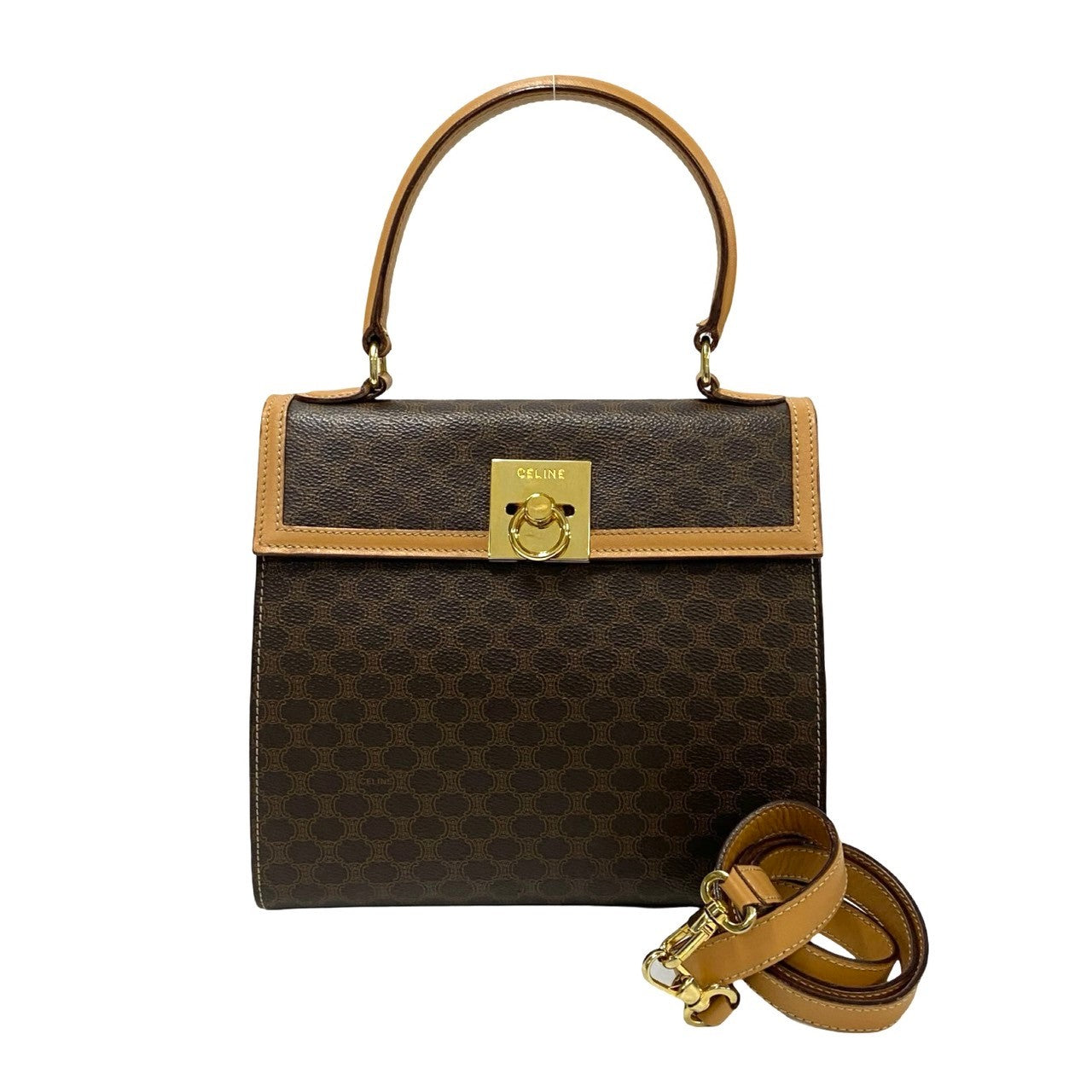 CELINE Shoulder Bag Leather, PVC Brown Macadam Blason Triomphe Pattern logo ring Metal Women