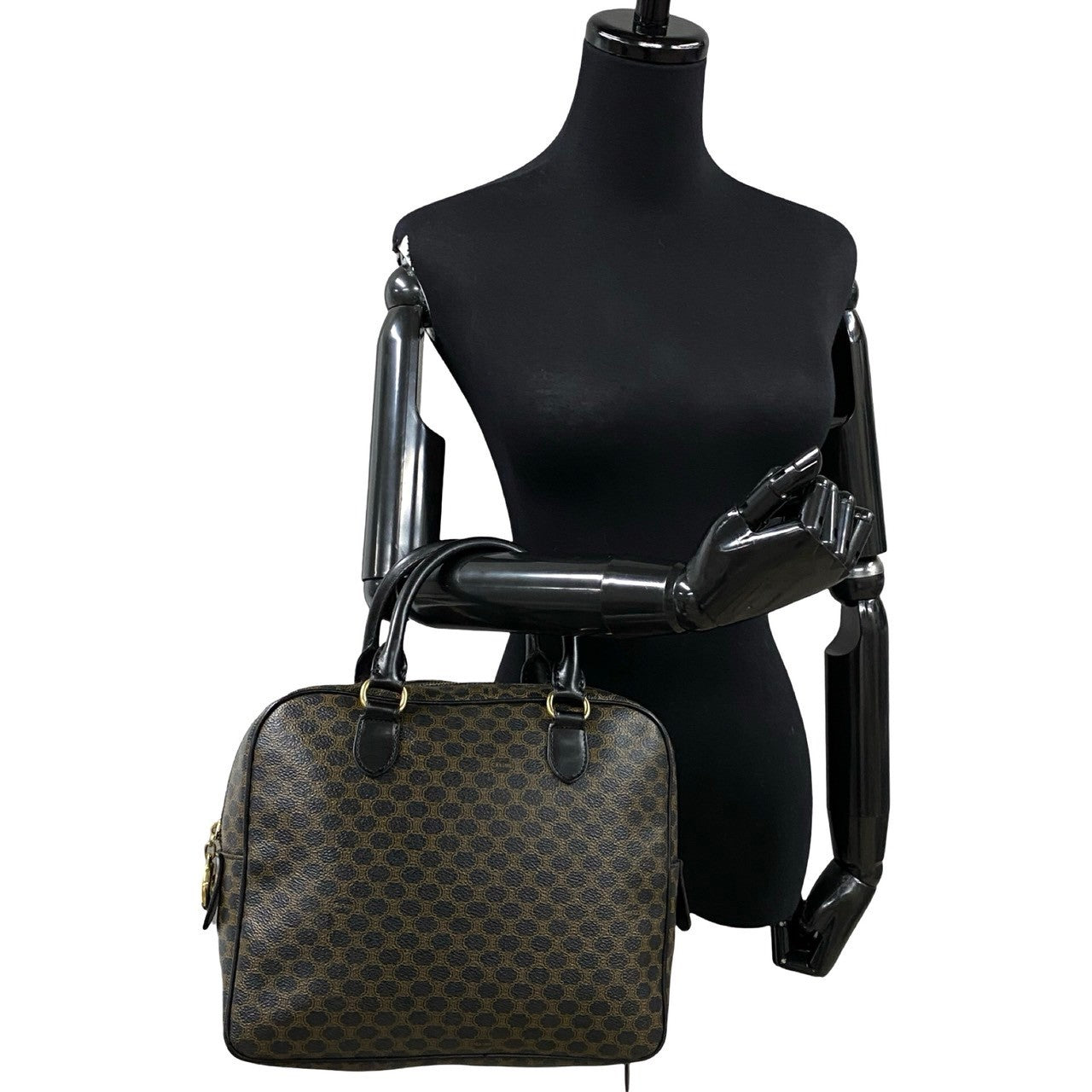 CELINE Handbag Leather, PVC black Macadam Blason Triomphe Pattern Women