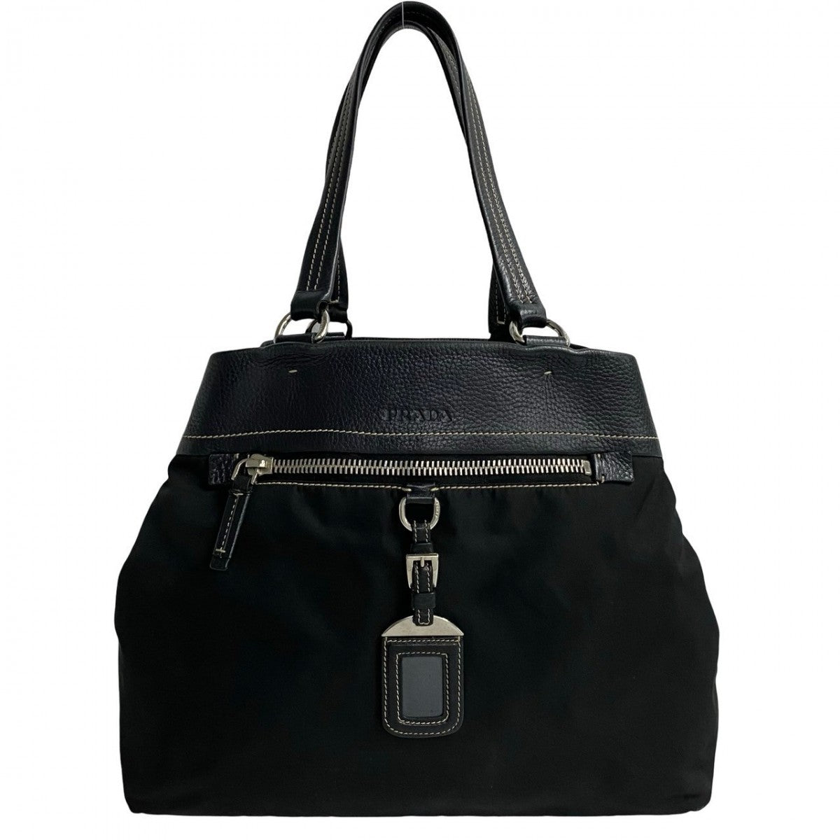 PRADA Tote Bag leather black PRADA logo Metal Women