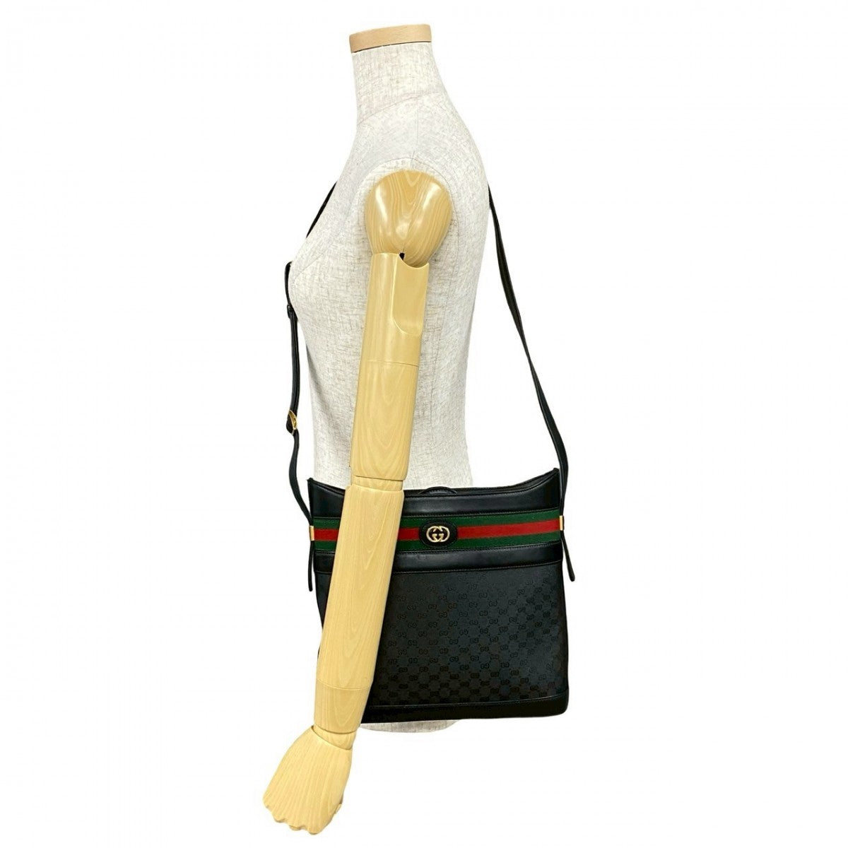 GUCCI Shoulder Bag leather black Micro GG logo Pattern Sherry line