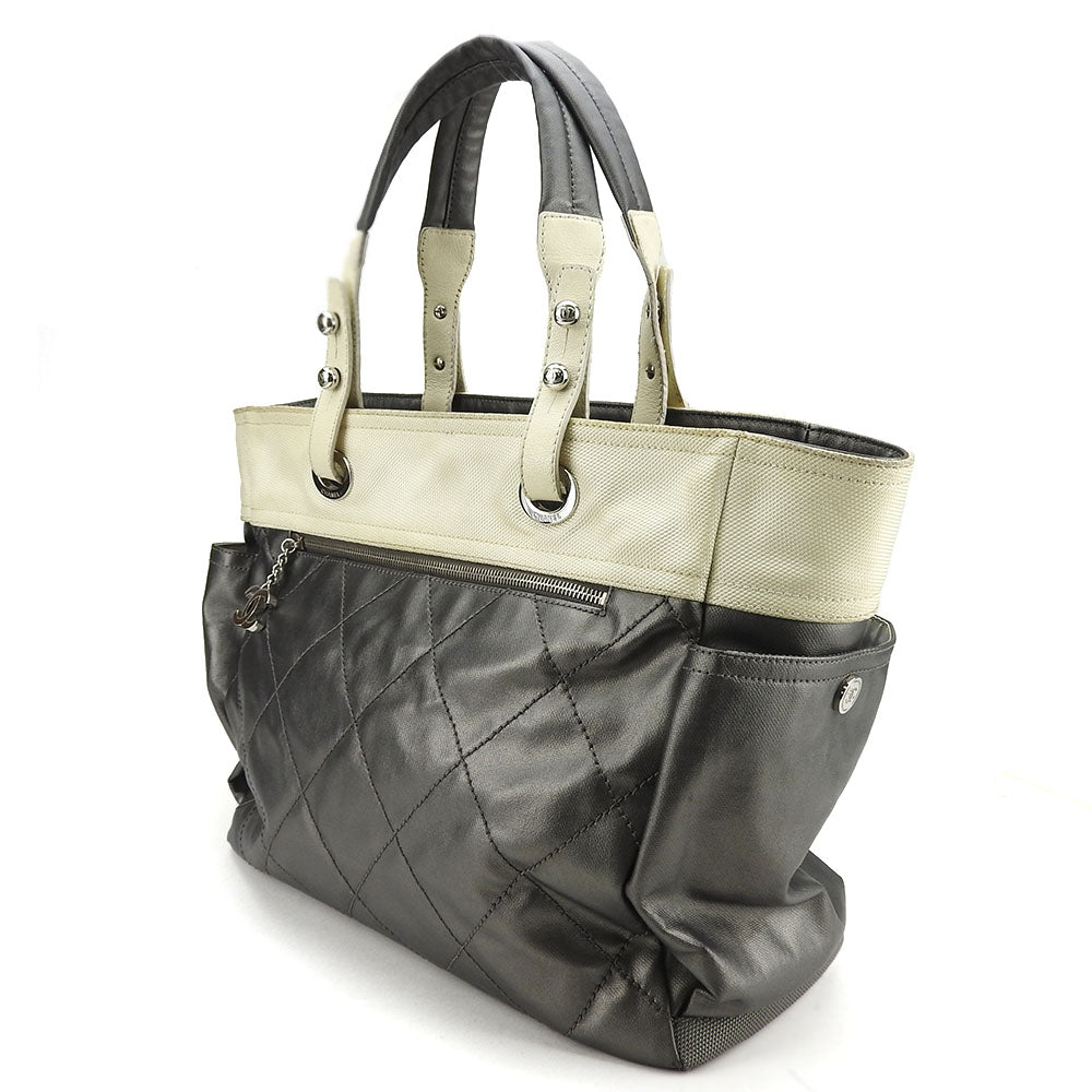 CHANEL Tote Bag Coated canvas Silver Paris Biarritz GM