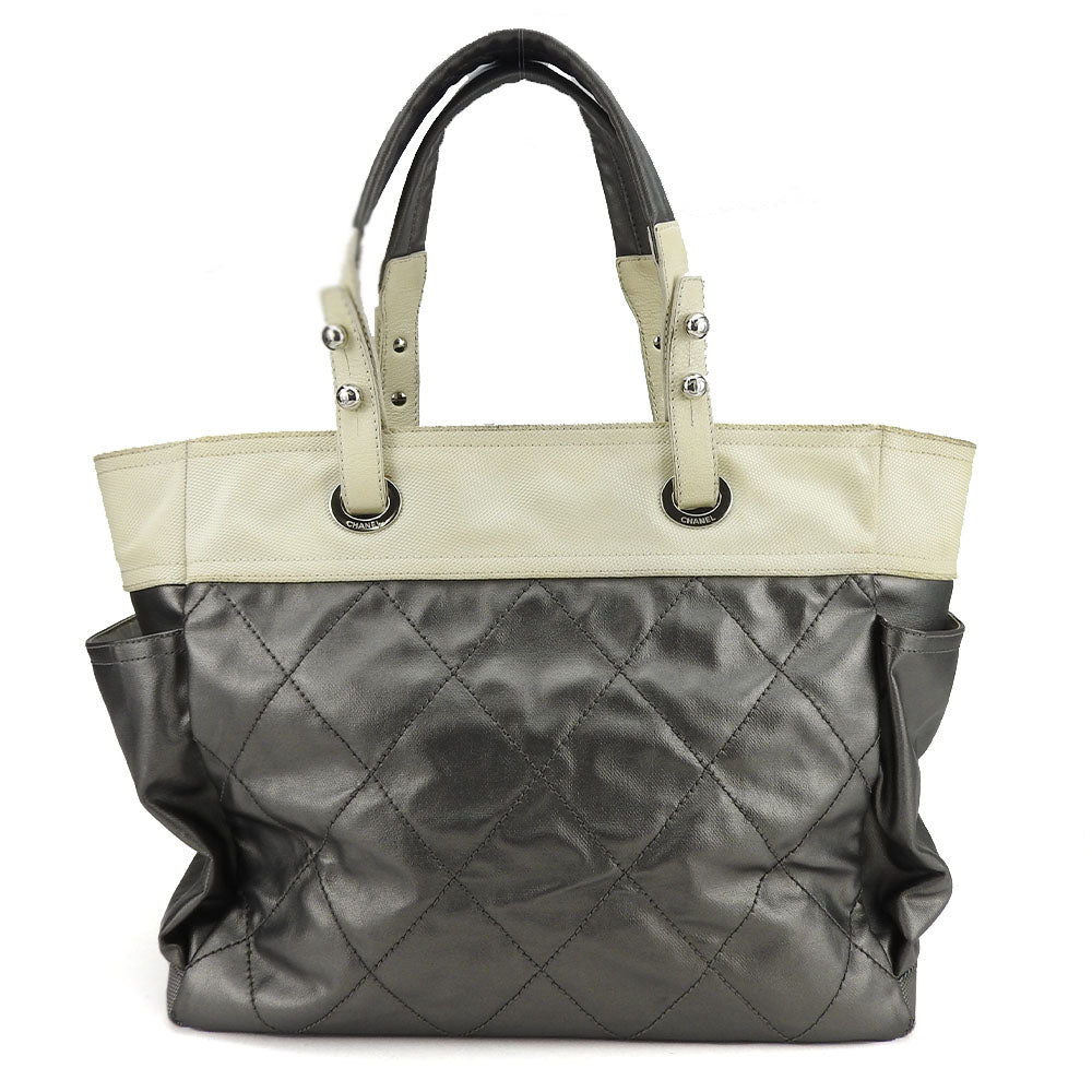 CHANEL Tote Bag Coated canvas Silver Paris Biarritz GM