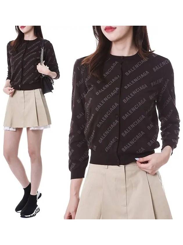 Luxury Balenciaga Trending 2026 All-Over Logo Print Cotton Crop Cardigan Brown