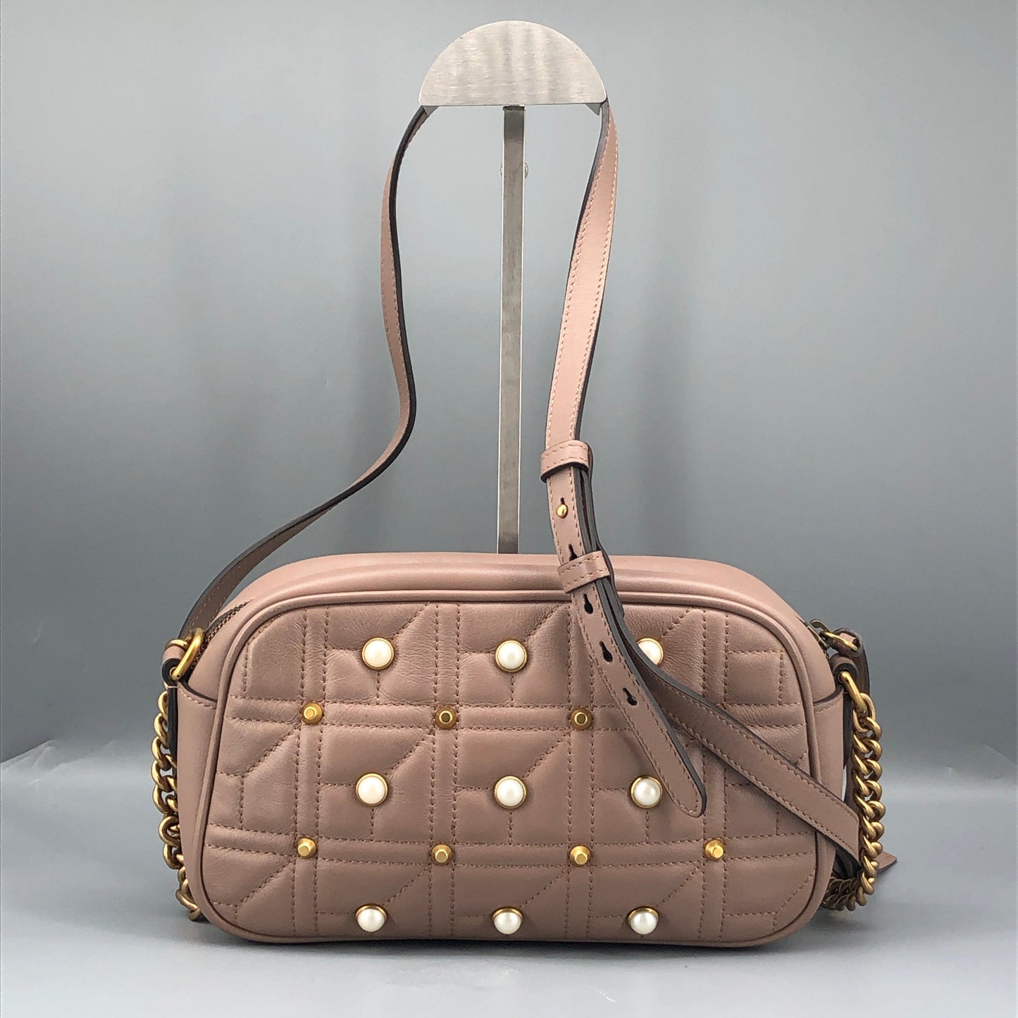 Gucci Dirty Pink Quilted Pearl GG Camera Crossbody Bag