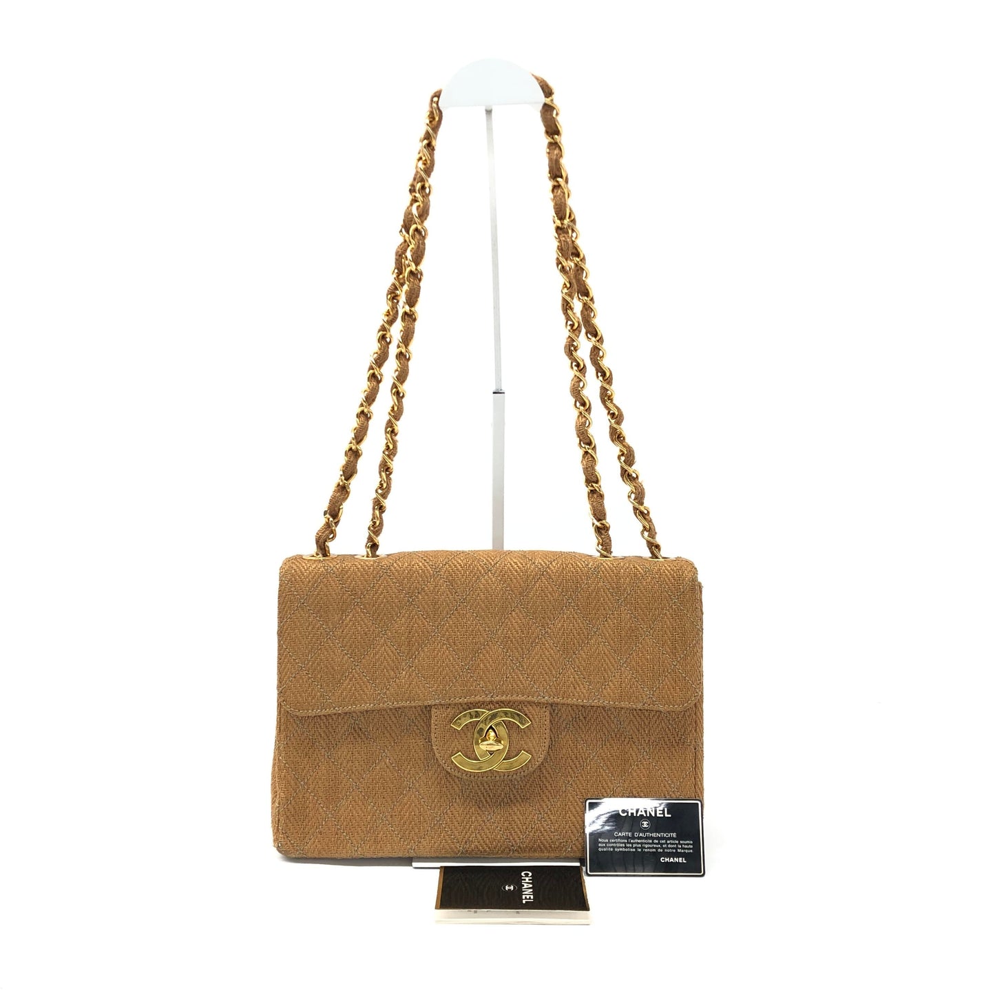Chanel Vintage Classic Maxi Single Flap Brown Braided Raffia Canvas Diamond Stitch 24 Gold Hardware