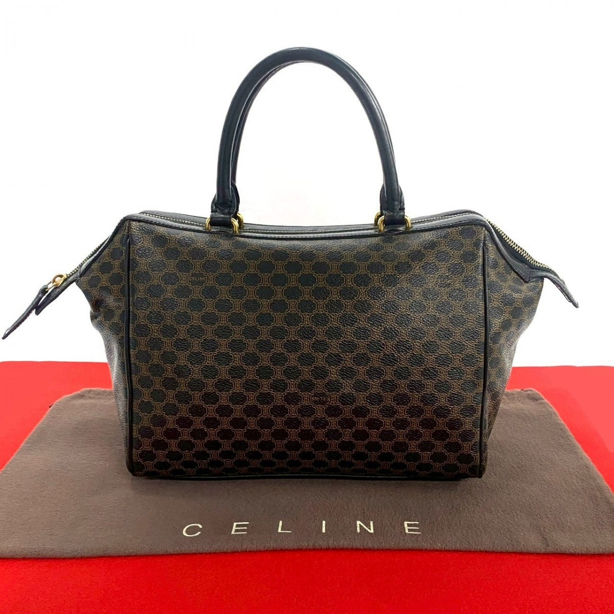 CELINE Handbag Leather, PVC black Macadam Blason Triomphe Pattern Women