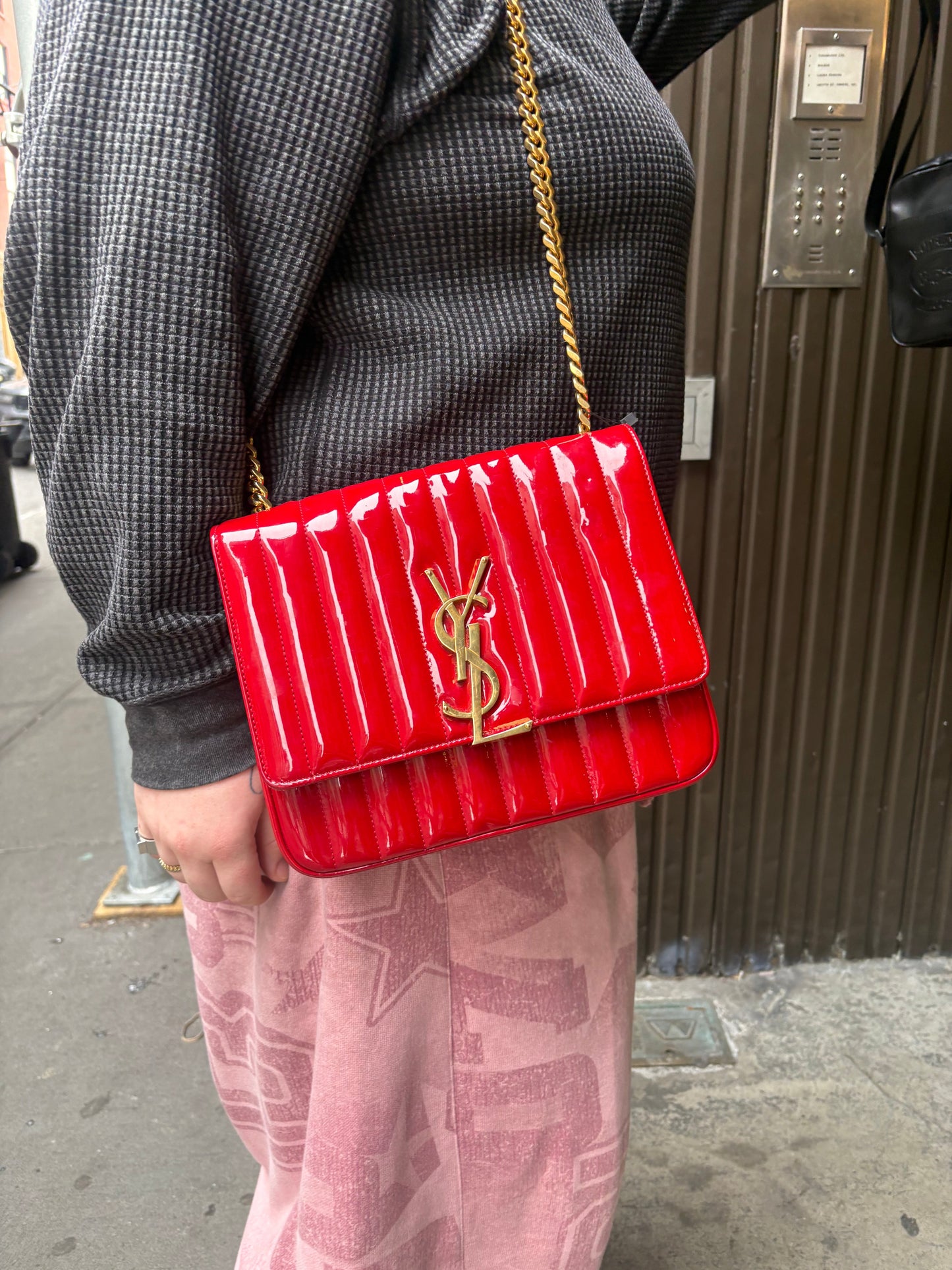 Saint Laurent Red Patent Vicky Chain Flap Bag