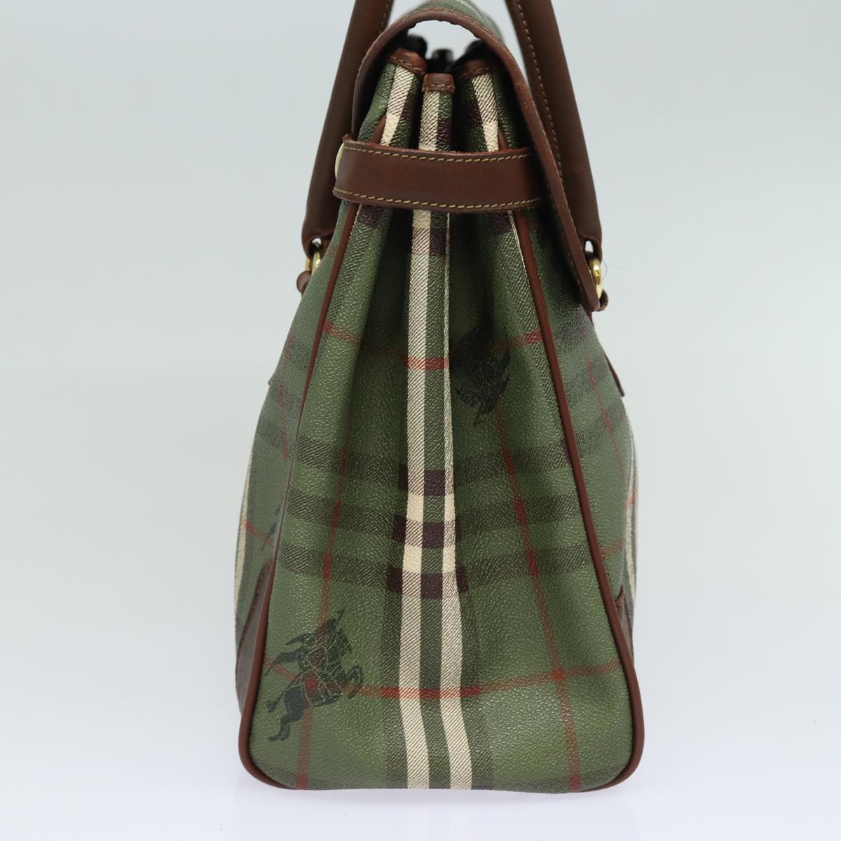 Luxury BurberrySs Nova Check Hand Bag PVC Leather Green Auth 81321