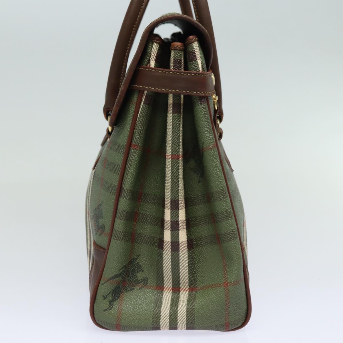 Luxury BurberrySs Nova Check Hand Bag PVC Leather Green Auth 81321