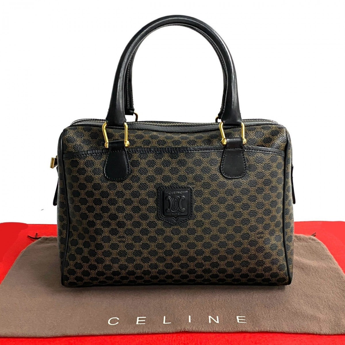 CELINE Handbag Leather, PVC black Macadam Blason Triomphe Pattern Women